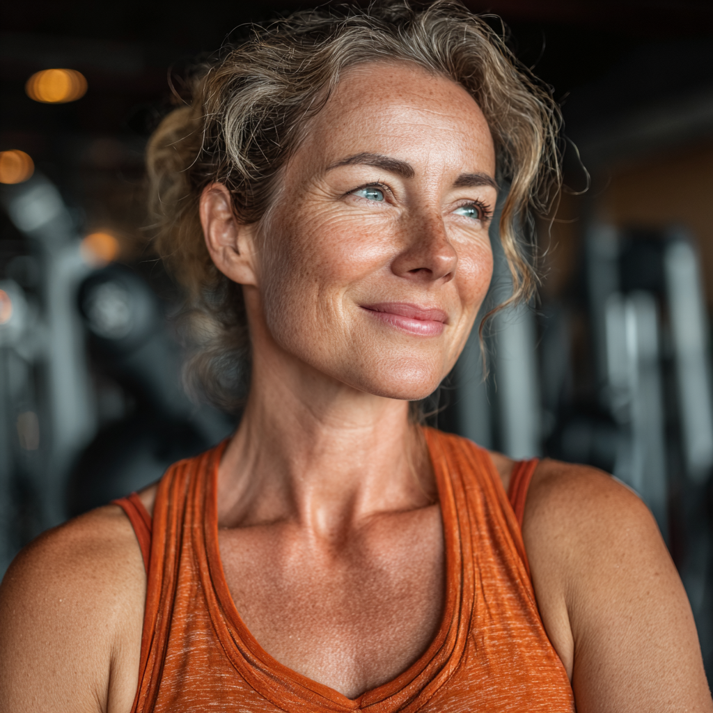Confident mature woman in her 50s completing a successful workout session, smiling and showing satisfaction after training in a well-equipped fitness facility
