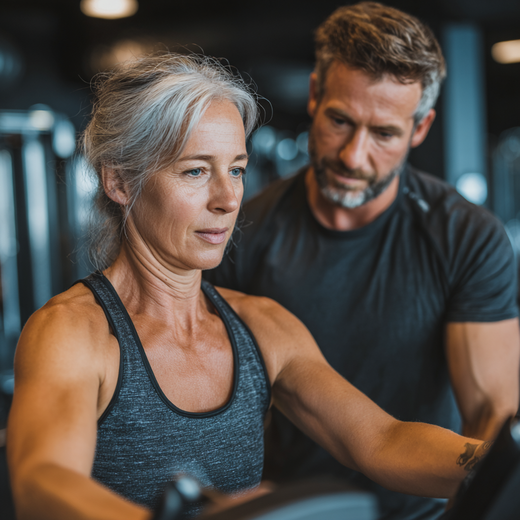 Professional trainer working with a mature adult client aged 45-50 in a modern fitness studio, showing proper exercise form with resistance equipment